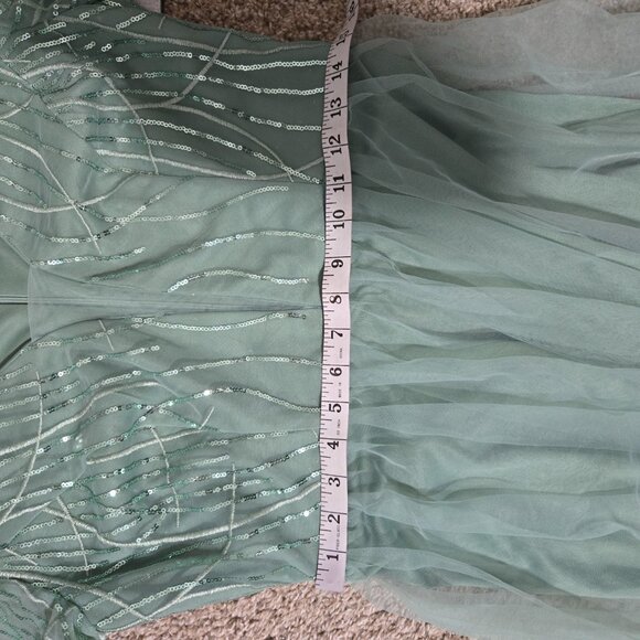 Sz 2XL (US 12) Ever Pretty Light Green Tulle Long-Sleeve Plunge Gown w Sequins - Picture 9 of 10